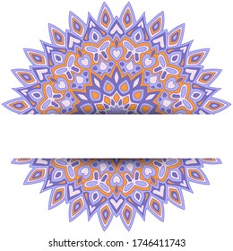 Indian mandala vector card template with text place. Birthday greeting card design. Round floral mandala ornament with butterfly, heart, leaf, petal, flower motifs. Indian medallion.