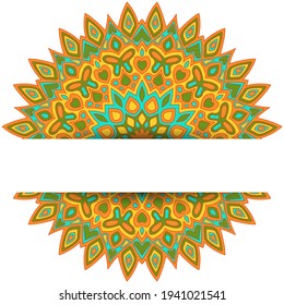 Plantilla de tarjeta vector mandala india con lugar de texto. Diseño de tarjetas de felicitación de cumpleaños. Mandala floral circular con formas mariposa, corazón, hoja, pétalo, flor. Antecedentes asiáticos.