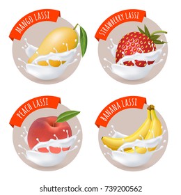 Indian mango lassi stickers. Vector labels with mango, banana, peach and strawberry lassi. Fruits and milk splashes. Traditional indian yoghurt drink.