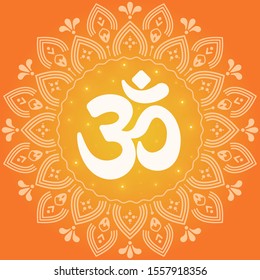 Indian mantra om with floral ornament on orange background. Ethnic folk vector illustration