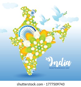 Indian map decorated with beautiful tricolor flowers and wheel with pigeon in sky background for Indian Independence day.