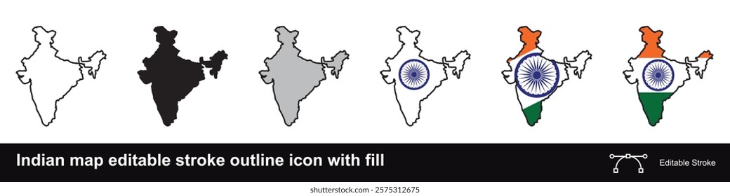 Indian map editable stroke outline icon with fill