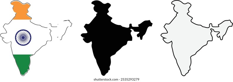 Indian map flag icon set. Set of maps of India. Flag on the map. Silhouette of the card. Vector illustration on white background. eps 10.