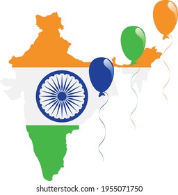 Indian map and the flag of India clip masked inside it with colored balloons flying above it