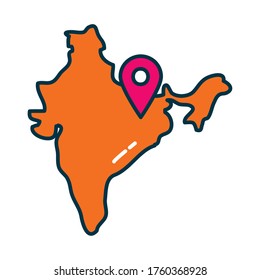 Indian map with gps mark line and fill style icon design, India culture travel and asia theme Vector illustration