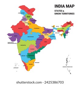 Indian Map Vector, Color map of Indian states, India vector illustration, vector drawing, India states and union territories map, outline map vector, states and union territories of India