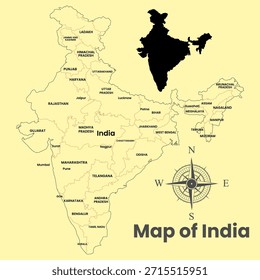 Ilustración infográfica de Vector de mapa indio con fronteras geográficas nacionales, ciudades, estados, provincias, ríos. Vista del atlas de la India con nombre de estado, contorno de trazo expandido y forma plana 