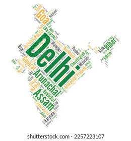 Indian map word cloud collage, indian map filled with the indian states name, indian map filled with providence names