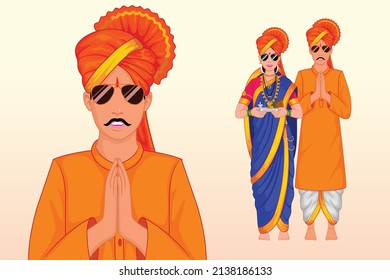 Indian Marathi Couple wearing traditional cloths, Nauvari and dhoti kurta turban 