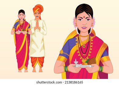 Indian Marathi Couple wearing traditional cloths, Nauvari and dhoti kurta