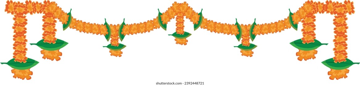 indian marigold garland, toran design, flower bunting vector