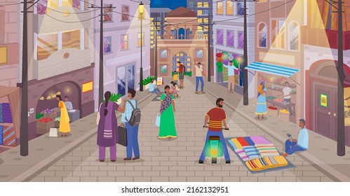 Indian market with people and different shops with ancient cityscape at background. Ceramics, fabrics, carteps, spices, sweets, vegetables. Asian characters, oriental bazaar, authentic marketplace