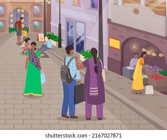 Indian market with people and different shops with ancient cityscape at background. Ceramics, fabrics, carteps, spices, sweets, vegetables. Asian characters, oriental bazaar, authentic marketplace