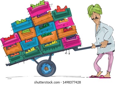 An indian market worker in turban pushing huge trolley full of boxes with oranges. Caricature. Character