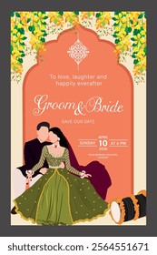 indian marriage card containing bride and groom illustration and dholak for mehndi and haldi