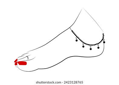 Indian married woman feet with anklet and Teo ring line drawing isolated on white background - vector illustration