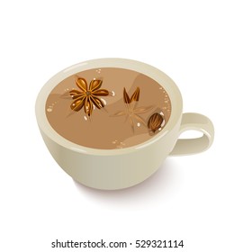 Indian Masals Tea. Warming beverage with star anise, cardamom and nutmeg. Decorative vector illustration on white background.