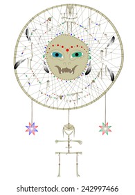 Indian mascot Dream catcher with the face of magic cat that has different colored eyes, white background, vector, EPS 10