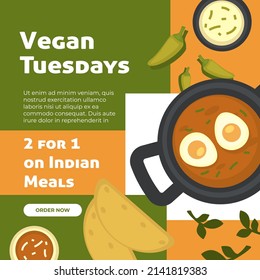 Indian meal for vegans and vegetarians. Healthy asian meal in restaurant or cafe, special offer. Soup with tomato and egg, chili pepper. Website or web shop, landing page template, vector in flat
