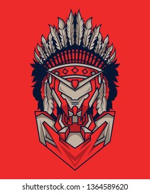 Indian Mecha in Red Background. Perfect for T-Shirt Design, Sticker, Poster, Tattoo.