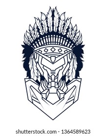 Indian Mecha in White Background. Perfect for T-Shirt Design, Sticker, Poster, Tattoo. Line Style