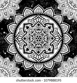 Indian medallion ornament pattern. Ethnic Mandala towel, yoga mat. Vector Henna tattoo style. Can be used for textile, greeting business card background, coloring book, phone case print