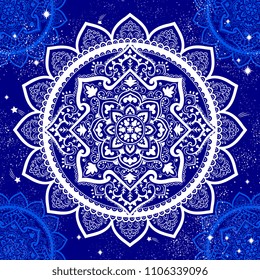 Indian medallion ornament pattern. Ethnic Mandala towel, yoga mat. Vector Henna tattoo style. Can be used for textile, greeting business card background, coloring book, phone case print