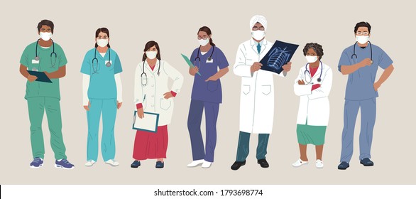 Indian Medics. Medical Characters. Doctor And Nurse Wearing Face Mask, Team Of Doctors Concept, Medical Office Or Laboratory. Modern Flat Vector Concept Digital People Vector Illustration.