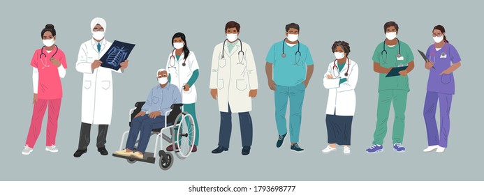 Indian Medics. Medical Characters. Doctor and Nurse wearing Face Mask, team of doctors concept, medical office or laboratory. Modern flat vector concept digital people vector illustration.