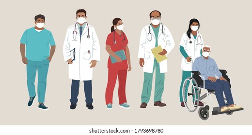 Indian Medics. Medical Characters. Doctor And Nurse Wearing Face Mask, Team Of Doctors Concept, Medical Office Or Laboratory. Modern Flat Vector Concept Digital People Vector Illustration.