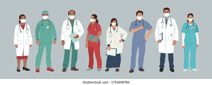 Indian Medics. Medical Characters. Doctor And Nurse Wearing Face Mask, Team Of Doctors Concept, Medical Office Or Laboratory. Modern Flat Vector Concept Digital People Vector Illustration.