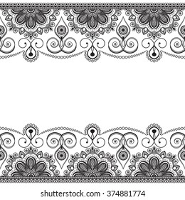 Indian mehndi border element with flowers pattern card for tattoo on white background. Vector illustration