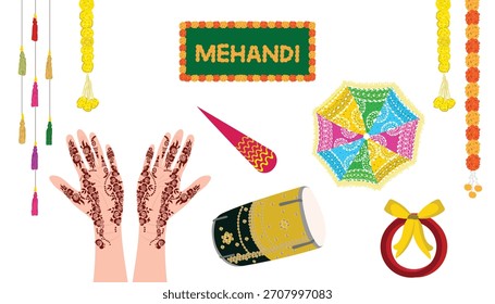 Conjunto de Elementos de ceremonia Mehndi indio que incluye manos de henna, Dholki, paraguas para tarjetas de invitación de boda