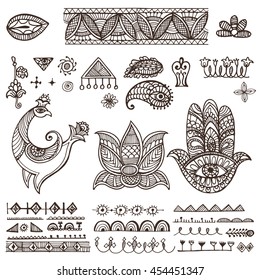 Indian mehndi decor elements,pattern borders.Vector vintage Traditional indian style,ornamental geometric elements,henna tattoo,asian,ethnic decor, mehndi ,yoga design,line strokes.Tribal elements