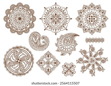 Indian mehndi elements. Skin drawing henna. Traditional oriental ornaments. Ethnic pattern. Mandala circles. Hindi paisley scrolls. Mendy tattoo. Arabesque swirls