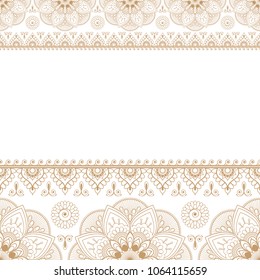 Indian Mehndi Henna Beige Brown line lace element with circles pattern card for tattoo. Vector illustration isolated on white background