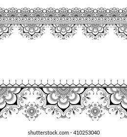 Indian Mehndi Henna Border Floral Pattern Elements Card For Tattoo On White Background.  Vector Illustration