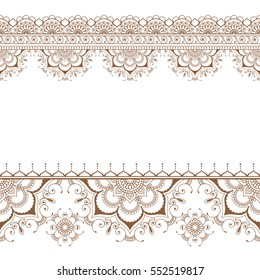 Indian Mehndi Henna Border Floral Pattern Elements Card For Tattoo On White Background. Vector Illustration