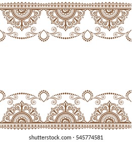 Indian, Mehndi Henna brown line lace element with flowers pattern card for tattoo on white background. Vector illustration