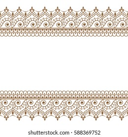 Indian, Mehndi Henna brown line lace element with circles pattern card for tattoo.