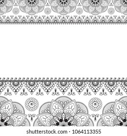 Indian Mehndi Henna line lace element with circles pattern card for tattoo. Vector illustration isolated on white background