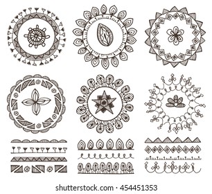 Indian mehndi pattern borders brushes,circle wreaths frames.Vector illustration Traditional indian ornamental geometric elements,henna tattoo,asian,ethnic decor, mehndi ,line strokes.Tribal elements