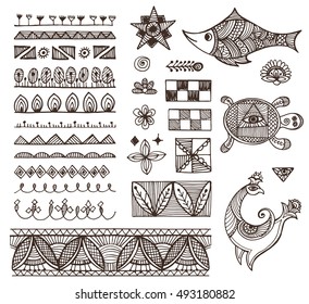 Indian mehndi pattern borders,decor elements,wreaths frame.Vector illustration Traditional indian style, ornamental geometric elements,henna tattoo,asian,ethnic mehndi ornament, line strokes.Tribal 