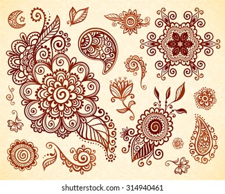 Indian mehndi tattoo style vector floral ornaments set