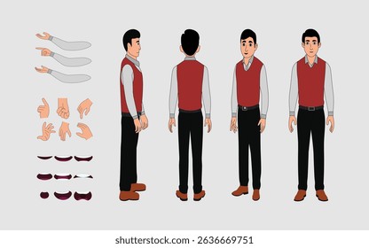 Indian Men Character Cartoon Sheet for 2D Vector Animation, Front, Back And Side Views, Realistic 2D Character