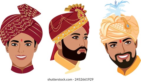 Indian men grooms in beautiful wedding turbans,  set of three types of turbans of different colors shapes with  without feathers, decorated  decorative embroidery precious stones Vector