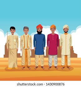 indian men group of india wearing traditional hindu clothes on desertscape scenery vector illustration graphic design
