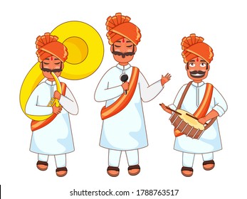 Indian Men Playing Snare Drum, Sousaphone And Singing From Microphone.