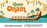 Indian men rowing traditional snake boat in Kerala during Onam festival. Cultural boat race competition on river water with tropical palm tree. Celebration card template banner design.