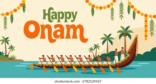 Indian men rowing traditional snake boat in Kerala during Onam festival. Cultural boat race competition on river water with tropical palm tree. Celebration card template banner design.